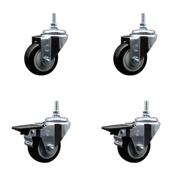 Service Caster 3 Inch Black Polyurethane 12 MM Threaded Stem Caster Set 2 Brakes SCC SCC-TS20S314-PPUB-BLK-M1215-2-PLB-2 - main